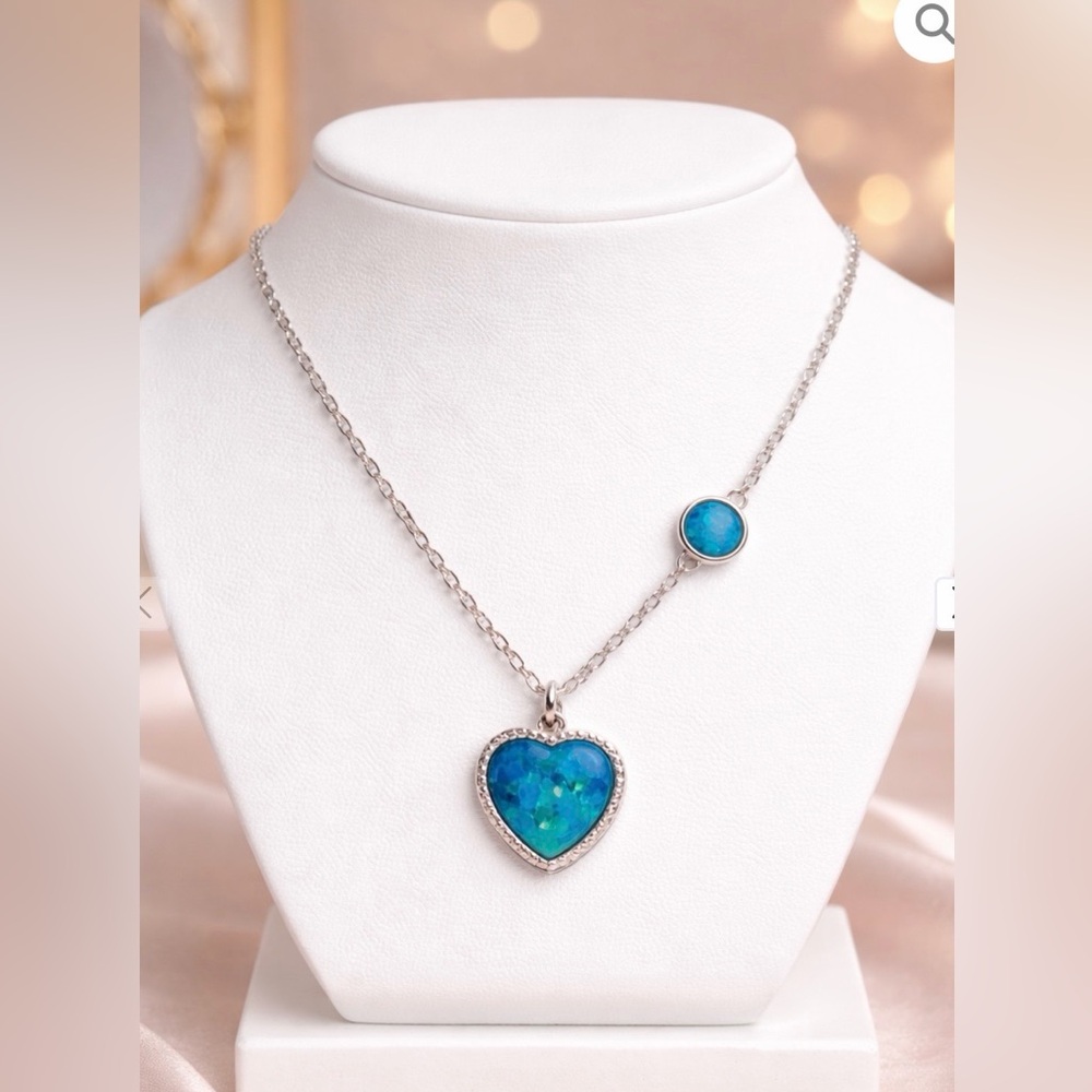 925 Sterling Silver Blue Emulated Opal Heart Necklace Dainty Y2K Gift
